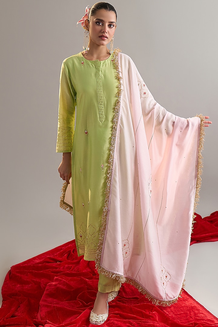 Green Silk Chanderi Gota Embroidered Kurta Set by Anantaa By Roohi Trehan at Pernia's Pop Up Shop