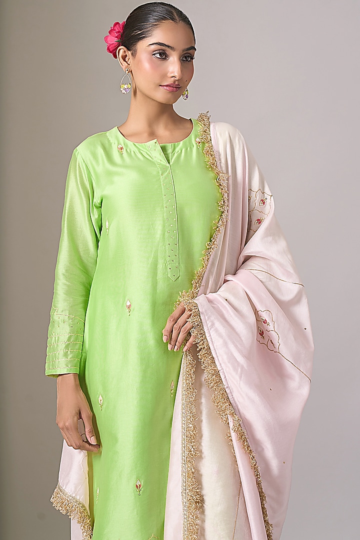 Green Silk Chanderi Gota Embroidered Kurta Set by Anantaa By Roohi Trehan at Pernia's Pop Up Shop