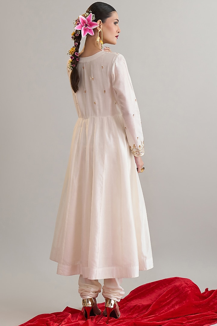 Off-White Silk Chanderi Sequins Embroidered Anarkali Set by Anantaa By Roohi Trehan at Pernia's Pop Up Shop