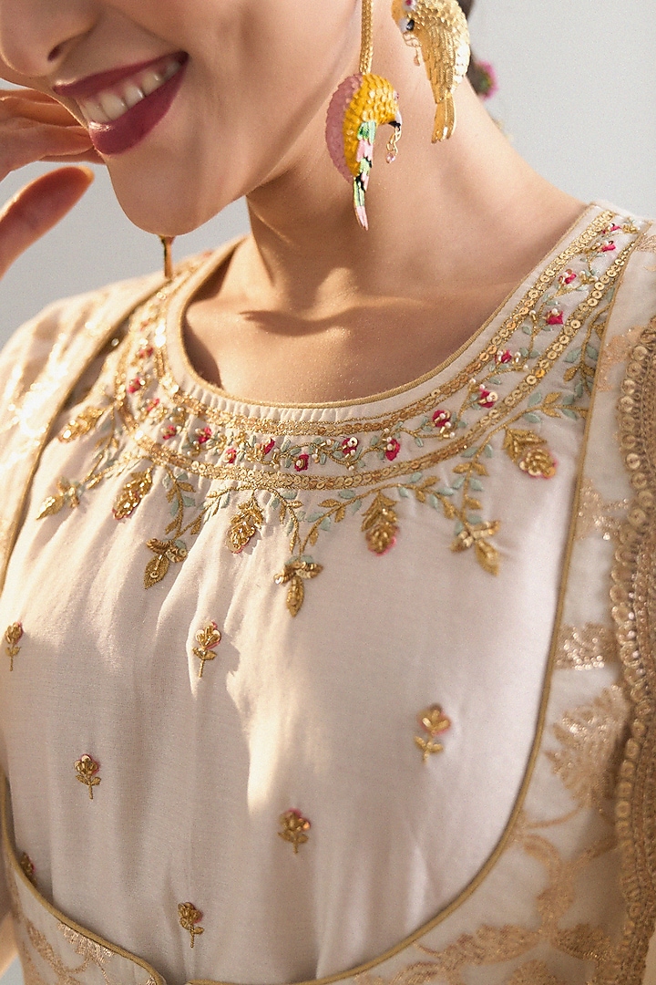 Off-White Silk Chanderi Sequins Embroidered Anarkali Set by Anantaa By Roohi Trehan at Pernia's Pop Up Shop