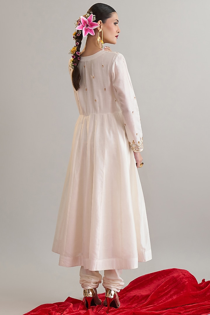 Off-White Silk Chanderi Sequins Embroidered Party Wear Anarkali Set by Anantaa By Roohi Trehan at Pernia's Pop Up Shop