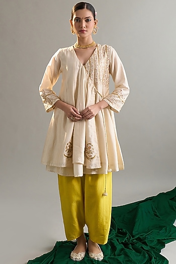 Cream Silk Chanderi Sequins Embroidered Short Party Wear Anarkali Set by Anantaa By Roohi Trehan at Pernia's Pop Up Shop