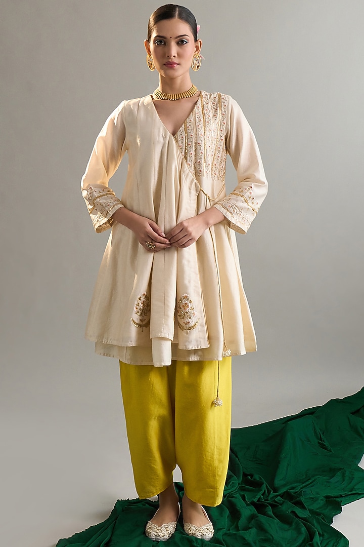Cream Silk Chanderi Sequins Embroidered Short Party Wear Anarkali Set by Anantaa By Roohi Trehan at Pernia's Pop Up Shop