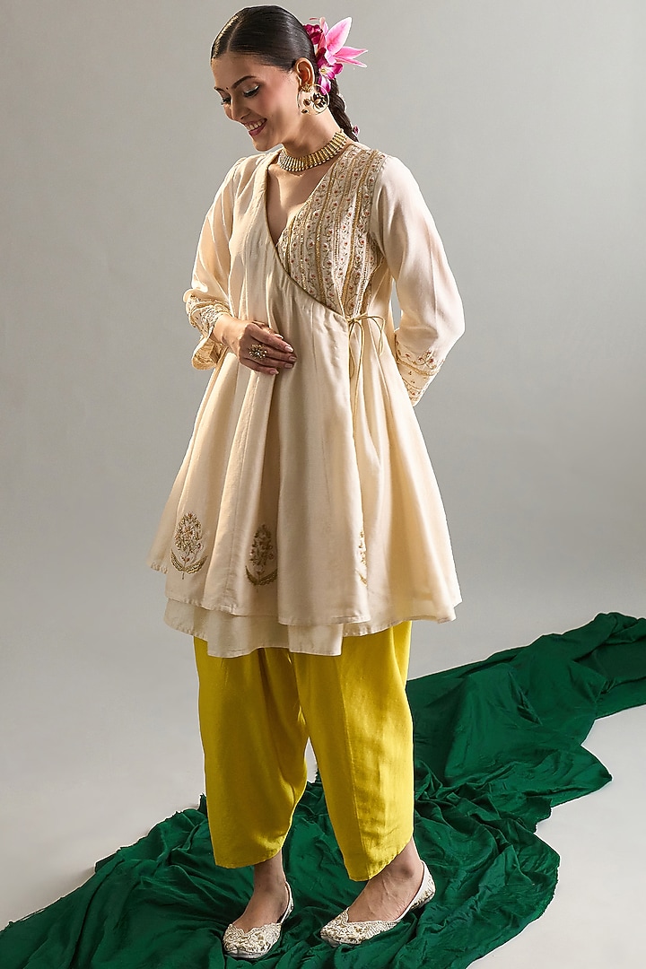 Cream Silk Chanderi Sequins Embroidered Short Party Wear Anarkali Set by Anantaa By Roohi Trehan at Pernia's Pop Up Shop