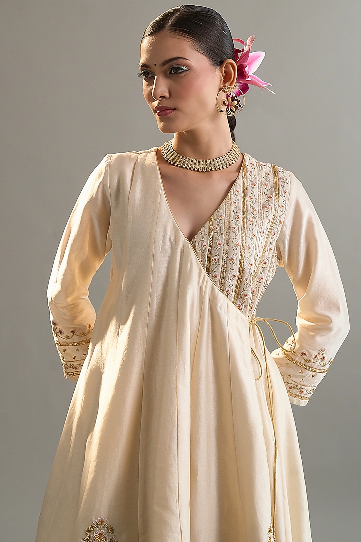 Cream Silk Chanderi Sequins Embroidered Short Party Wear Anarkali Set by Anantaa By Roohi Trehan at Pernia's Pop Up Shop