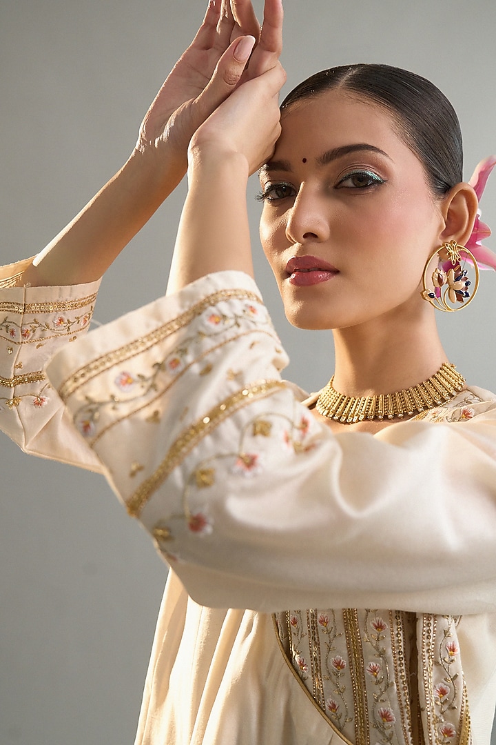 Cream Silk Chanderi Sequins Embroidered Short Party Wear Anarkali Set by Anantaa By Roohi Trehan at Pernia's Pop Up Shop