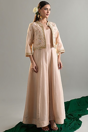 Old Rose Silk Chanderi Zari Embroidered Party Wear Anarkali With Jacket by Anantaa By Roohi Trehan at Pernia's Pop Up Shop