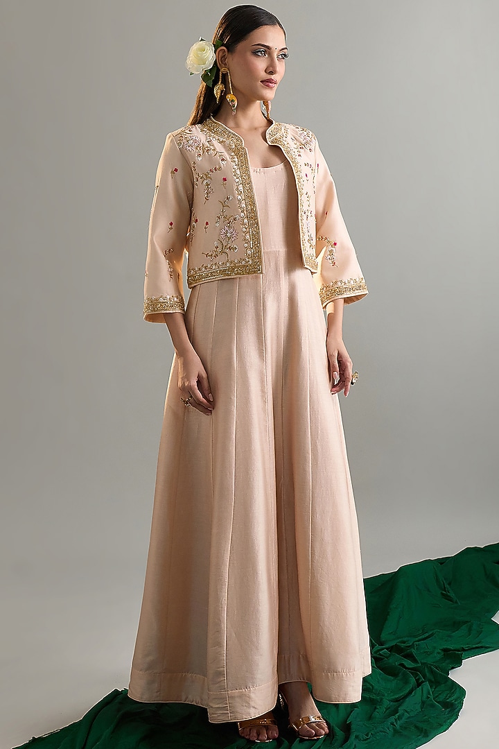 Old Rose Silk Chanderi Zari Embroidered Party Wear Anarkali With Jacket by Anantaa By Roohi Trehan at Pernia's Pop Up Shop