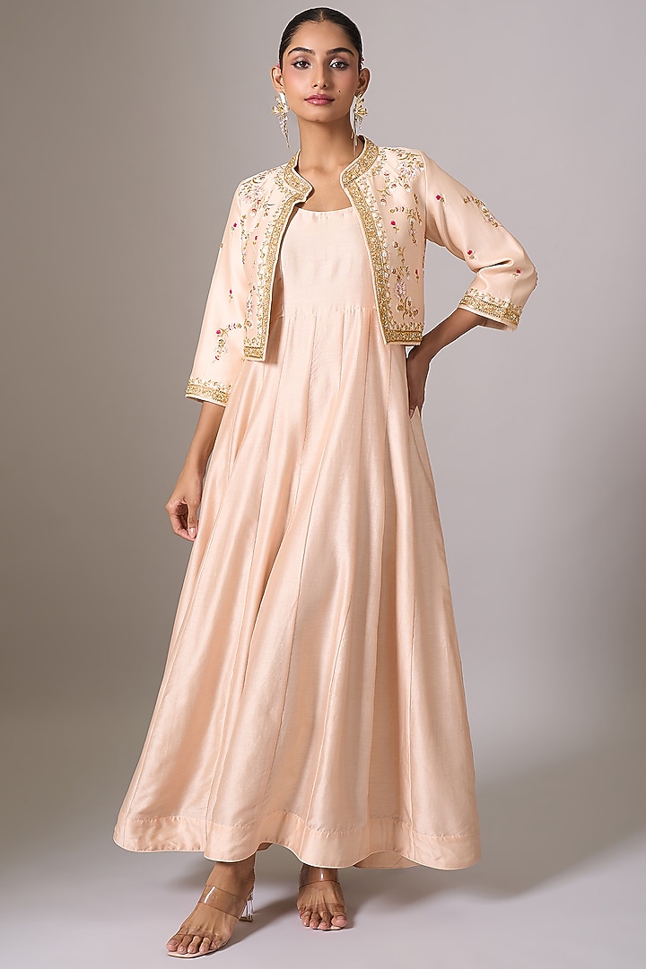 Old Rose Silk Chanderi Zari Embroidered Party Wear Anarkali With Jacket by Anantaa By Roohi Trehan at Pernia's Pop Up Shop