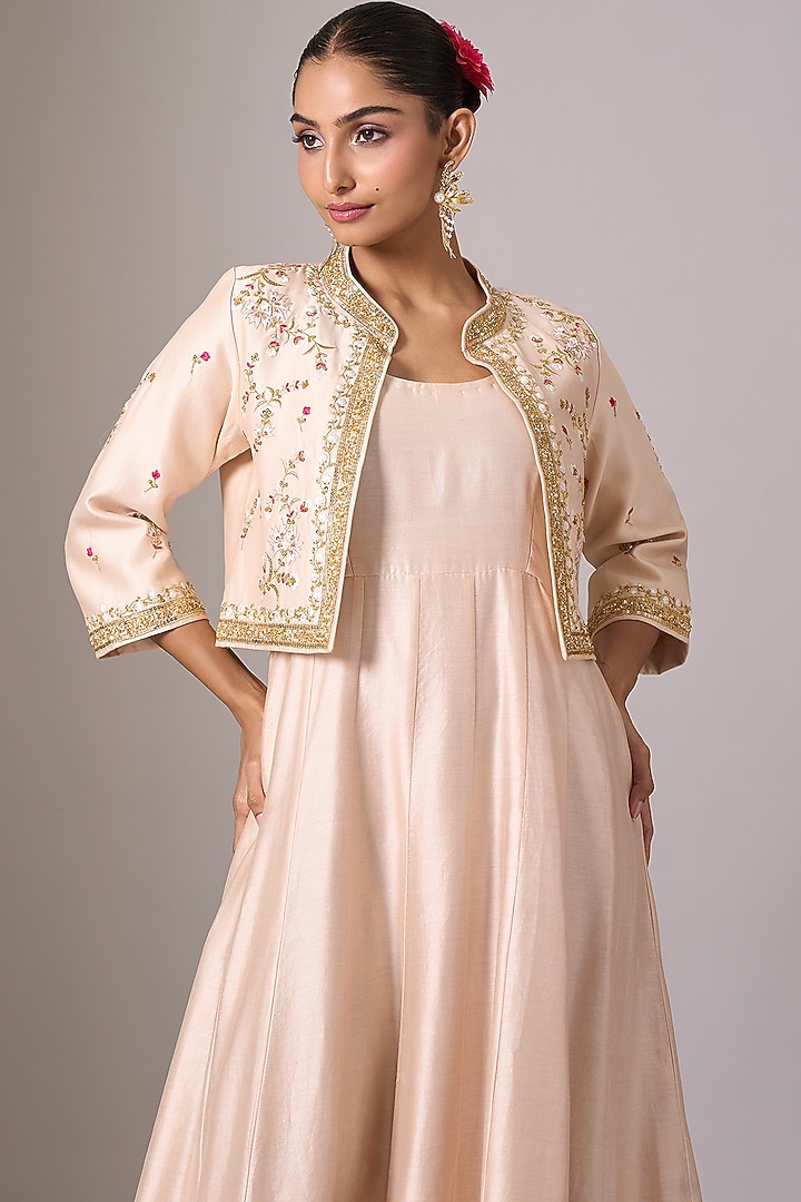 Old Rose Silk Chanderi Zari Embroidered Party Wear Anarkali With Jacket by Anantaa By Roohi Trehan at Pernia's Pop Up Shop