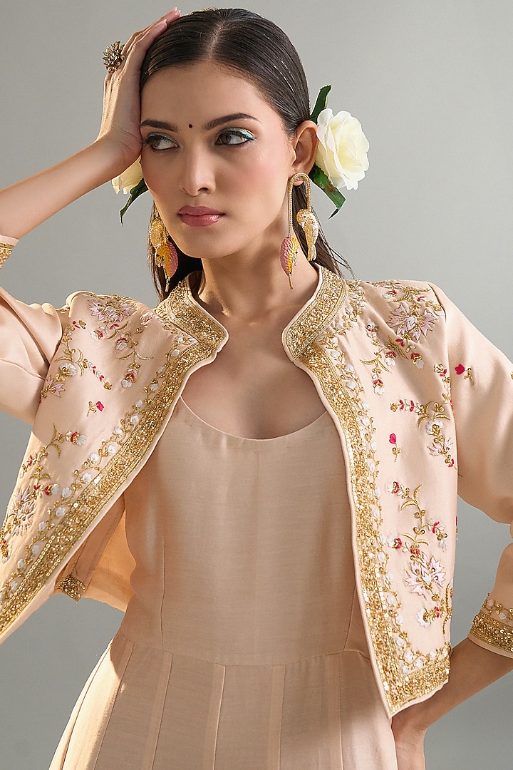 Old Rose Silk Chanderi Zari Embroidered Party Wear Anarkali With Jacket by Anantaa By Roohi Trehan at Pernia's Pop Up Shop
