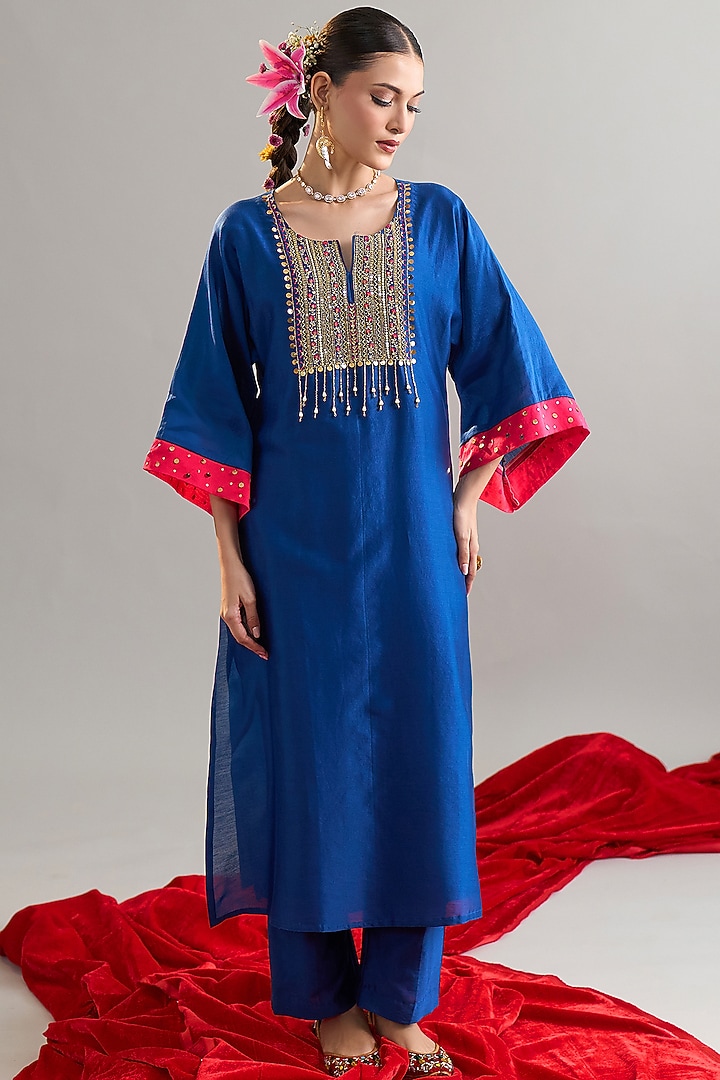 Blue Silk Chanderi Sequins Embroidered Kurta Set by Anantaa By Roohi Trehan at Pernia's Pop Up Shop