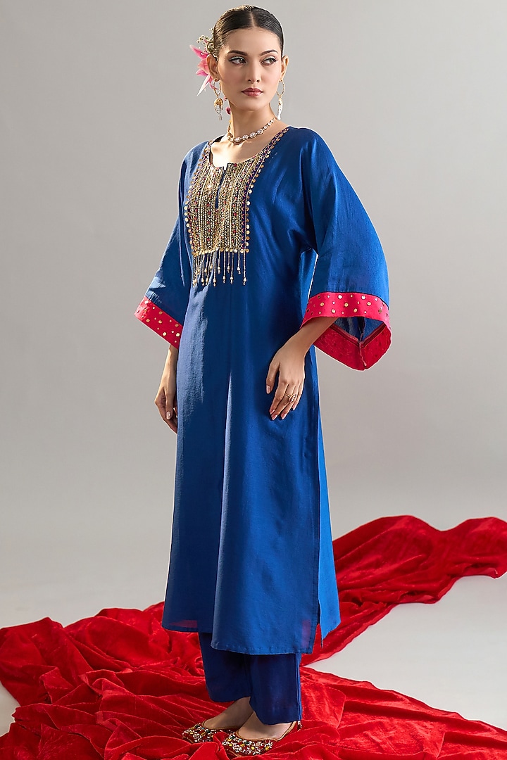 Blue Silk Chanderi Sequins Embroidered Kurta Set by Anantaa By Roohi Trehan at Pernia's Pop Up Shop