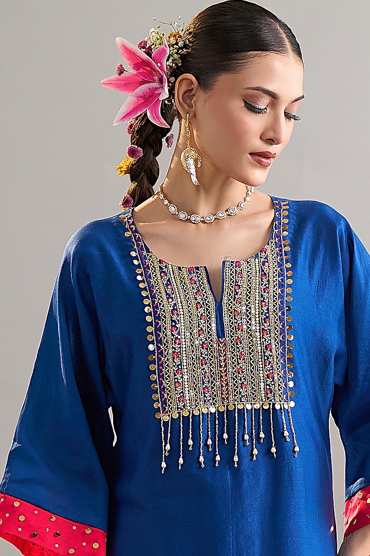Blue Silk Chanderi Sequins Embroidered Kurta Set by Anantaa By Roohi Trehan at Pernia's Pop Up Shop