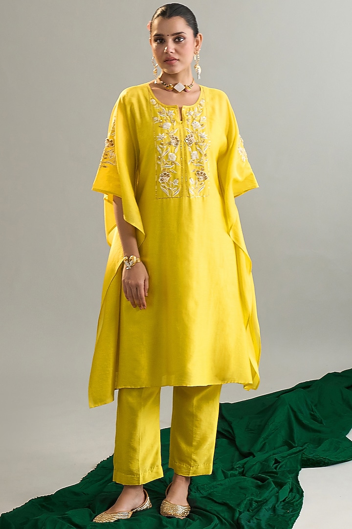 Yellow Silk Chanderi Sequins Embroidered Kaftan Set by Anantaa By Roohi Trehan at Pernia's Pop Up Shop