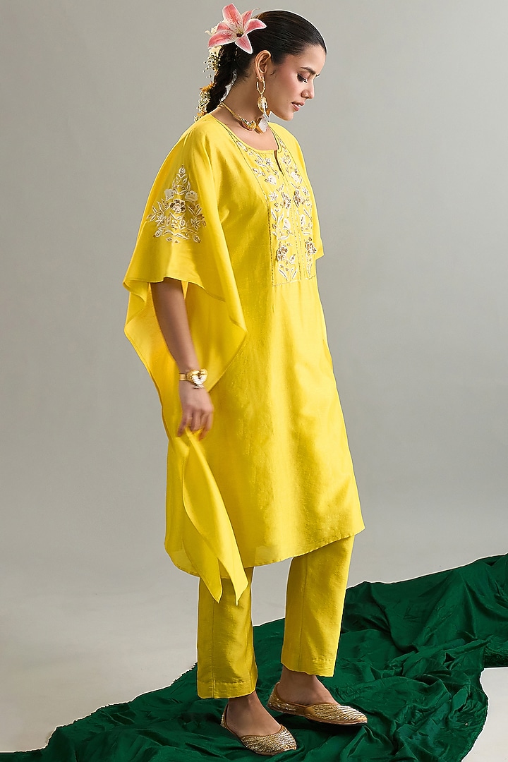 Yellow Silk Chanderi Sequins Embroidered Kaftan Set by Anantaa By Roohi Trehan at Pernia's Pop Up Shop