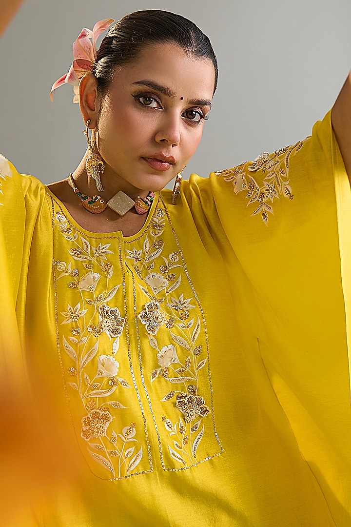 Yellow Silk Chanderi Sequins Embroidered Kaftan Set by Anantaa By Roohi Trehan at Pernia's Pop Up Shop