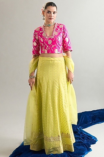 Lime Green Cotton Chanderi Lehenga Set by Anantaa By Roohi Trehan at Pernia's Pop Up Shop