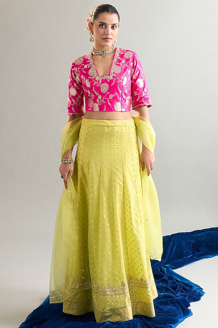 Lime Green Cotton Chanderi Lehenga Set by Anantaa By Roohi Trehan at Pernia's Pop Up Shop