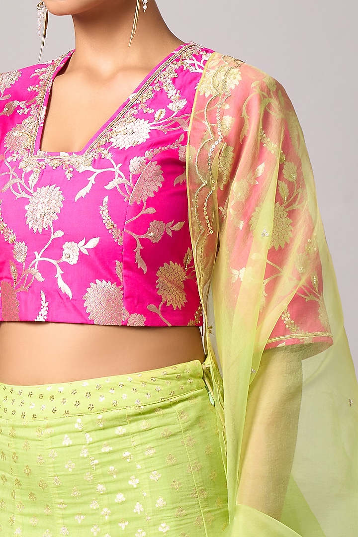 Lime Green Cotton Chanderi Lehenga Set by Anantaa By Roohi Trehan at Pernia's Pop Up Shop