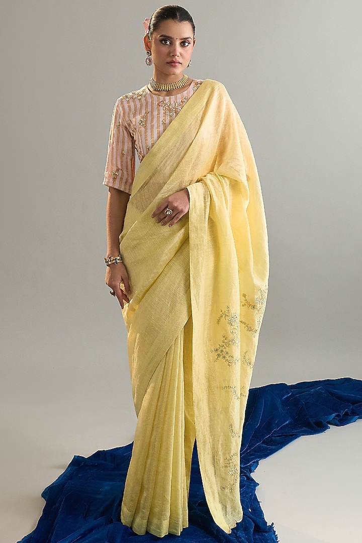 Yellow Silk Chanderi Sequins Embroidered Festive Saree by Anantaa By Roohi Trehan at Pernia's Pop Up Shop