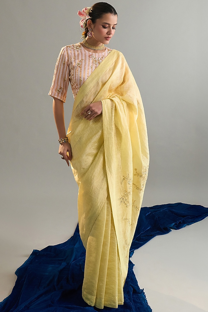Yellow Silk Chanderi Sequins Embroidered Festive Saree by Anantaa By Roohi Trehan at Pernia's Pop Up Shop