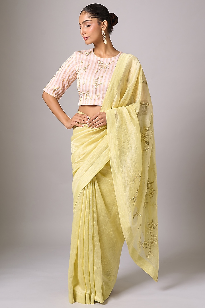 Yellow Silk Chanderi Sequins Embroidered Party Wear Saree Set by Anantaa By Roohi Trehan at Pernia's Pop Up Shop