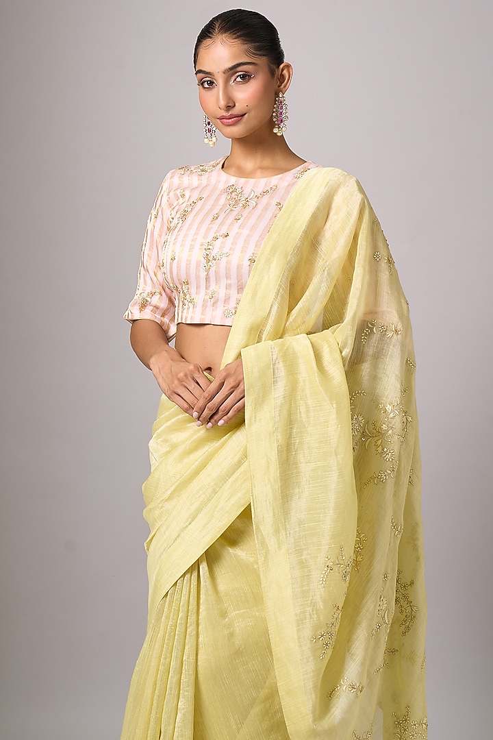 Yellow Silk Chanderi Sequins Embroidered Party Wear Saree Set by Anantaa By Roohi Trehan at Pernia's Pop Up Shop