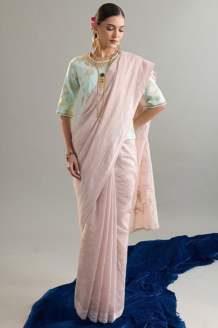 Pink Silk Chanderi Sequins Embroidered Party Wear Saree Set by Anantaa By Roohi Trehan at Pernia's Pop Up Shop
