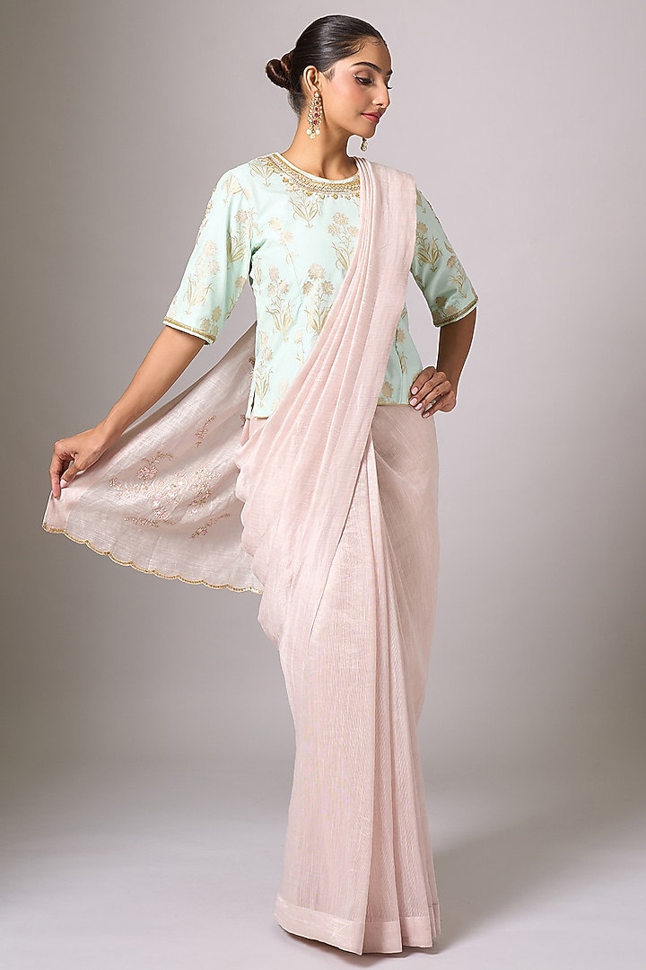 Pink Silk Chanderi Sequins Embroidered Party Wear Saree Set by Anantaa By Roohi Trehan at Pernia's Pop Up Shop