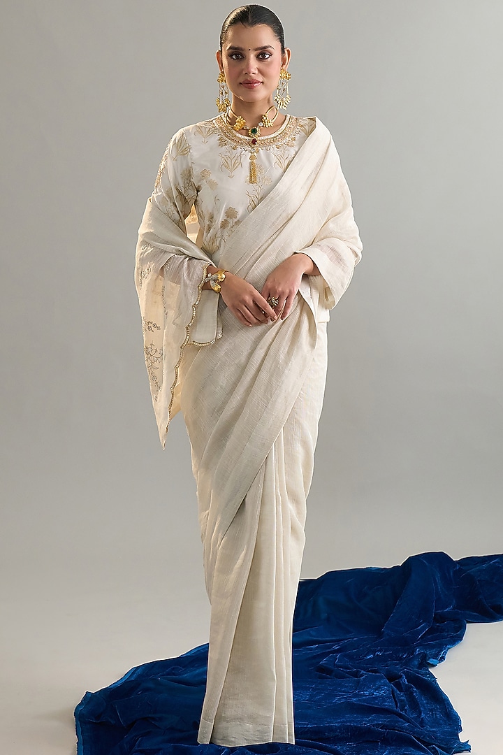 Off-White Silk Chanderi Sequins Embroidered Festive Saree by Anantaa By Roohi Trehan at Pernia's Pop Up Shop