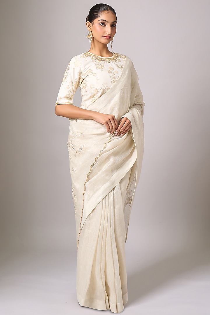 Off-White Silk Chanderi Sequins Embroidered Festive Saree by Anantaa By Roohi Trehan at Pernia's Pop Up Shop