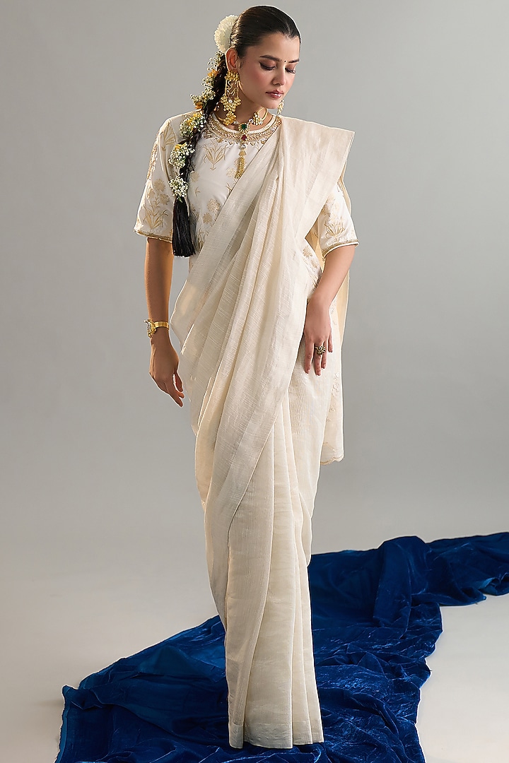 Off-White Silk Chanderi Sequins Embroidered Festive Saree by Anantaa By Roohi Trehan at Pernia's Pop Up Shop