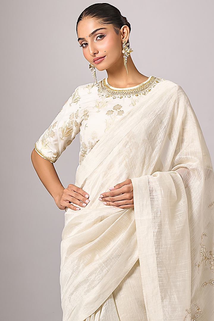 Off-White Silk Chanderi Sequins Embroidered Festive Saree by Anantaa By Roohi Trehan at Pernia's Pop Up Shop