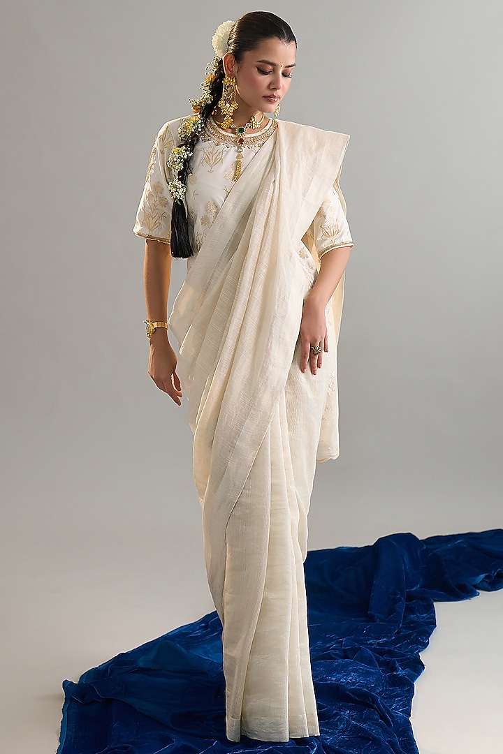 Off-White Silk Chanderi Sequins Embroidered Party Wear Saree Set by Anantaa By Roohi Trehan at Pernia's Pop Up Shop