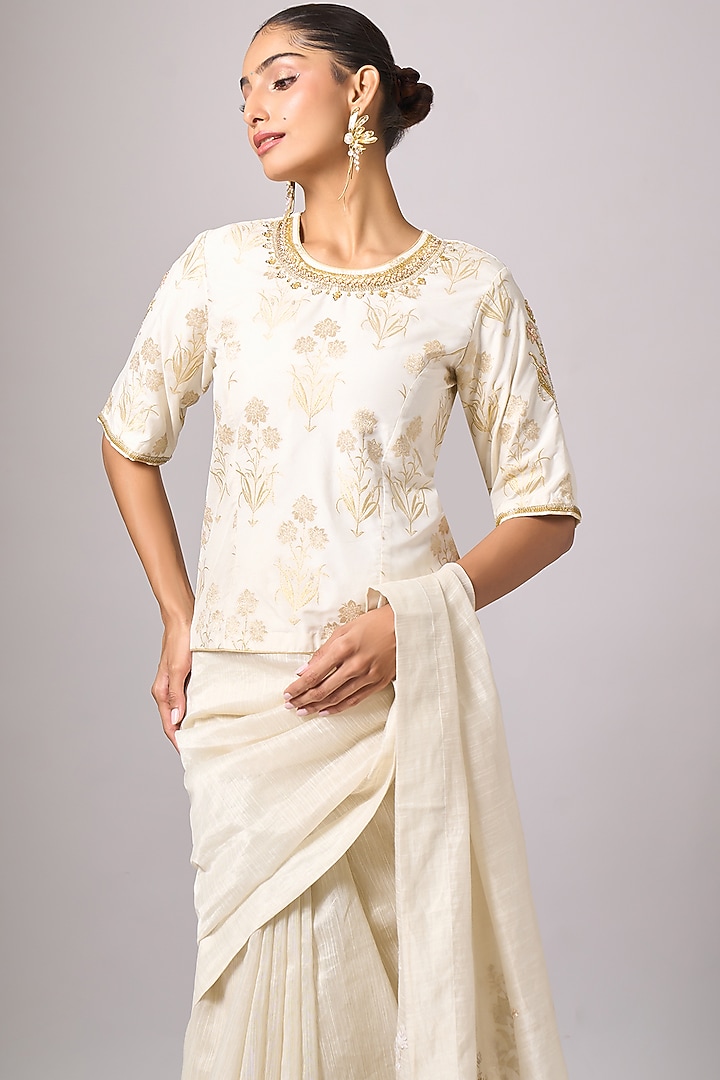 Off-White Silk Chanderi Sequins Embroidered Party Wear Saree Set by Anantaa By Roohi Trehan at Pernia's Pop Up Shop