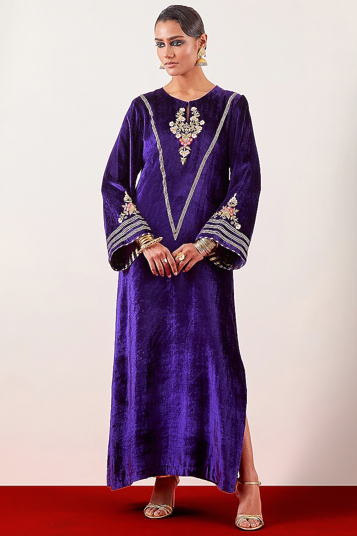 Purple Velvet Embroidered Party Wear Gown by Anantaa By Roohi Trehan at Pernia's Pop Up Shop