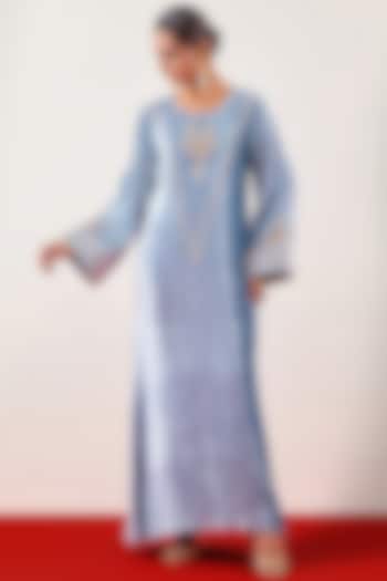 Greyish Blue Velvet Embroidered Party Wear Gown by Anantaa By Roohi Trehan at Pernia's Pop Up Shop