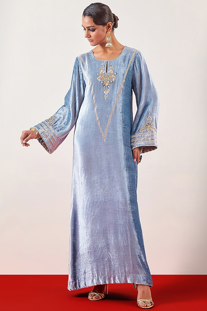 Greyish Blue Velvet Embroidered Party Wear Gown by Anantaa By Roohi Trehan at Pernia's Pop Up Shop