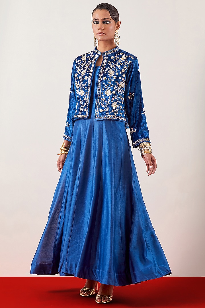 Blue Velvet Embroidered Jacket with Silk Chanderi Party Wear Anarkali by Anantaa By Roohi Trehan at Pernia's Pop Up Shop