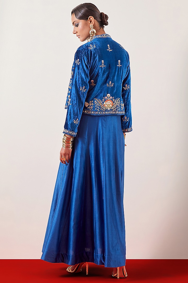 Blue Velvet Embroidered Jacket with Silk Chanderi Party Wear Anarkali by Anantaa By Roohi Trehan at Pernia's Pop Up Shop