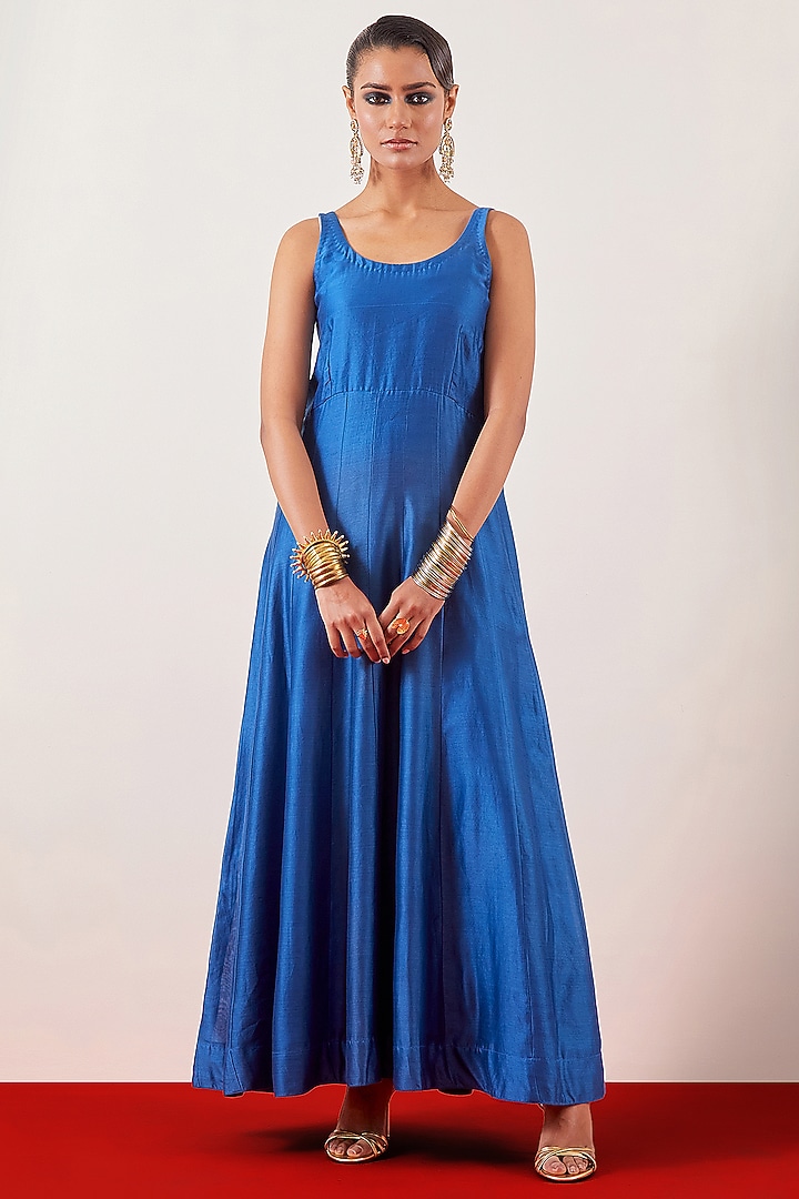Blue Velvet Embroidered Jacket with Silk Chanderi Party Wear Anarkali by Anantaa By Roohi Trehan at Pernia's Pop Up Shop