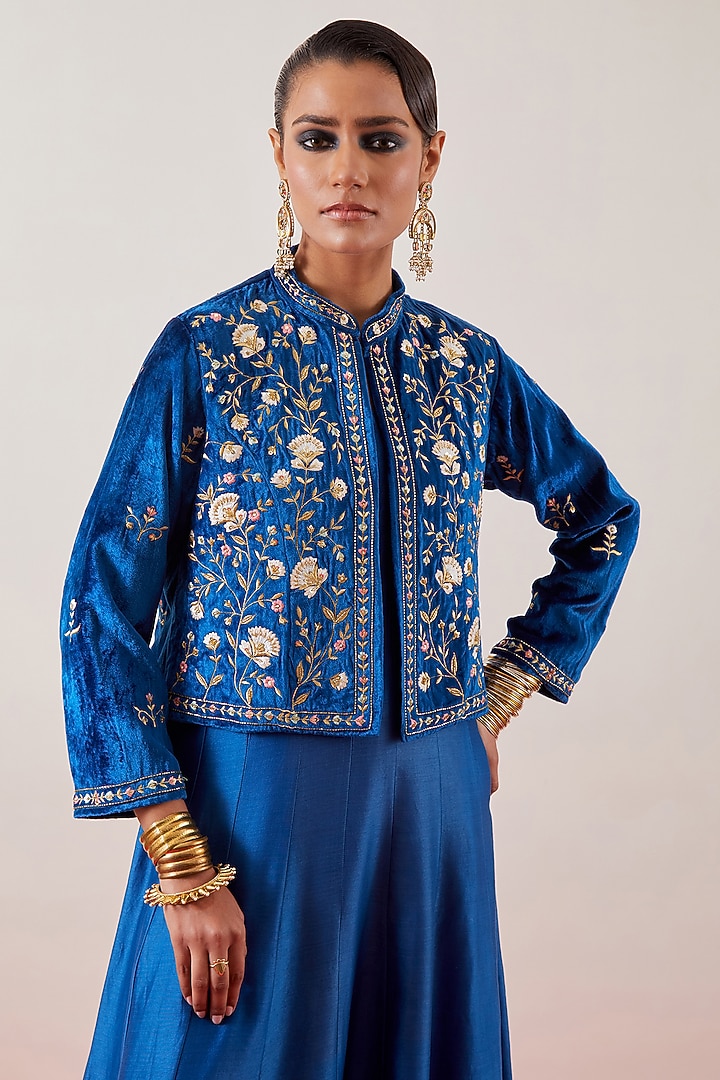 Blue Velvet Embroidered Jacket with Silk Chanderi Party Wear Anarkali by Anantaa By Roohi Trehan at Pernia's Pop Up Shop