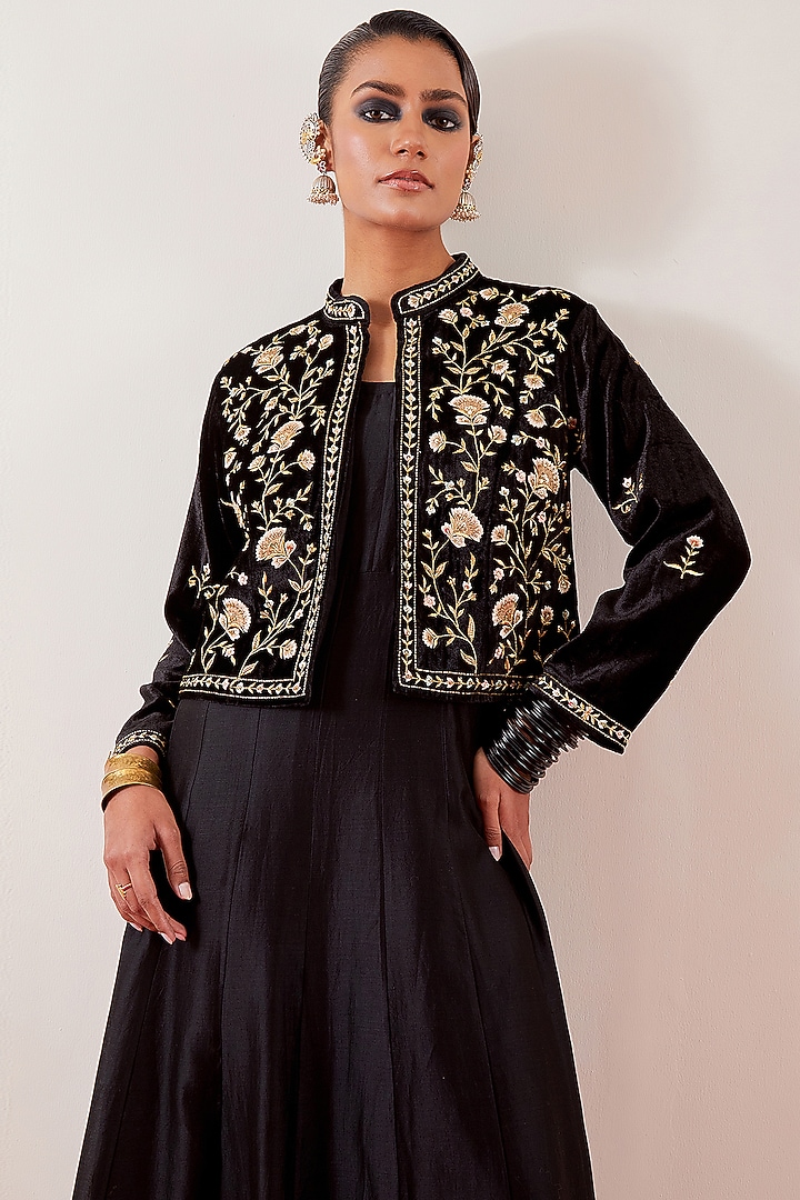 Black Velvet Resham & Zari Embroidered Front-Open Short Jacket by Anantaa By Roohi Trehan at Pernia's Pop Up Shop