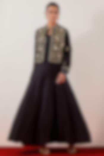 Black Silk Chanderi Party Wear Anarkali With Embroidered Jacket by Anantaa By Roohi Trehan at Pernia's Pop Up Shop