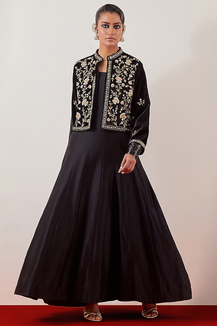 Black Silk Chanderi Party Wear Anarkali With Embroidered Jacket by Anantaa By Roohi Trehan at Pernia's Pop Up Shop