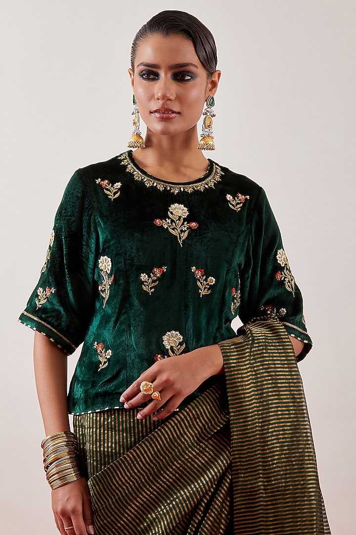 Deep Green Velvet Cutdana Embroidered Blouse by Anantaa By Roohi Trehan at Pernia's Pop Up Shop