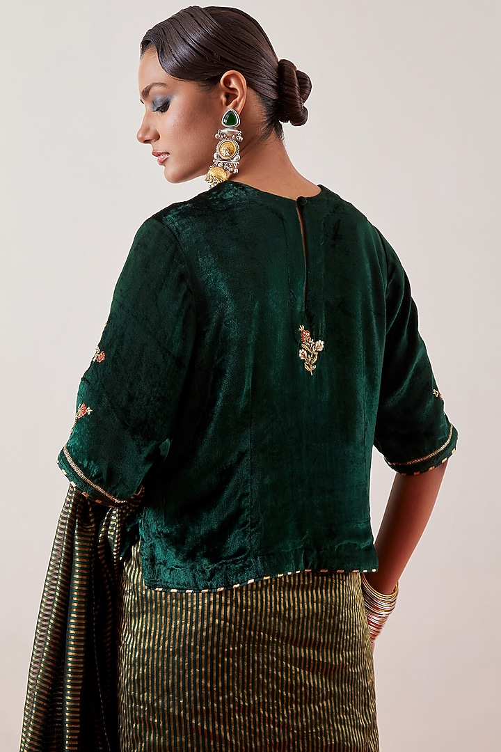Deep Green Velvet Cutdana Embroidered Blouse by Anantaa By Roohi Trehan at Pernia's Pop Up Shop