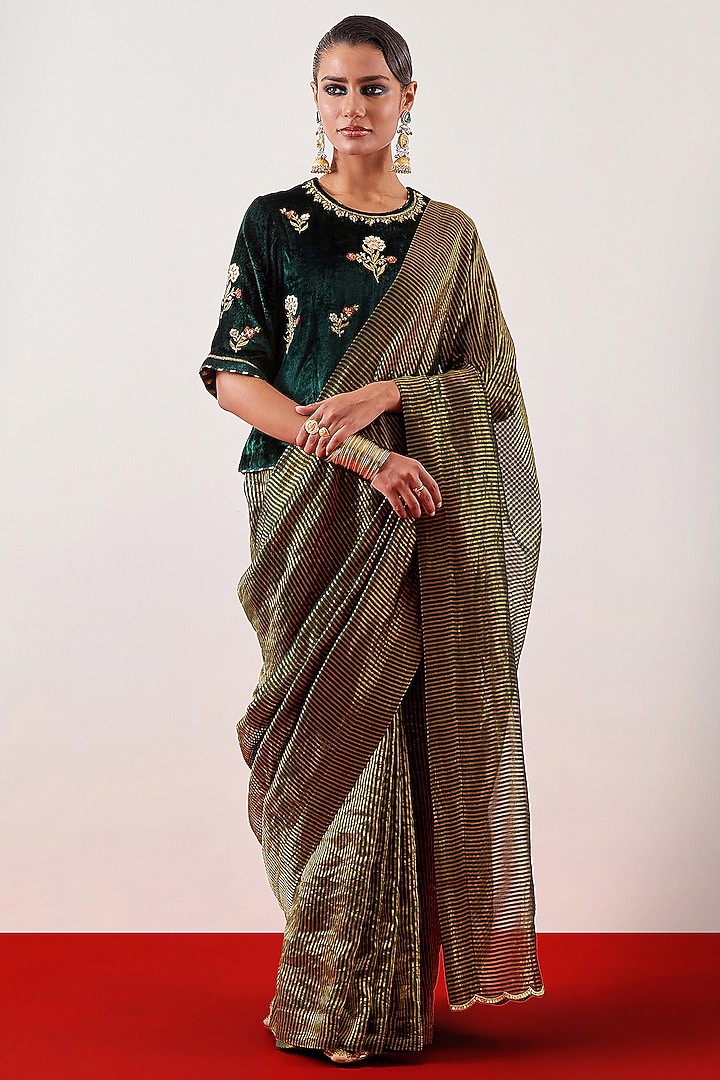 Deep Green Velvet Cutdana Embroidered Blouse by Anantaa By Roohi Trehan at Pernia's Pop Up Shop