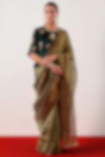 Deep Green Silk Chanderi Tissue Zari Embroidered Festive Saree by Anantaa By Roohi Trehan at Pernia's Pop Up Shop